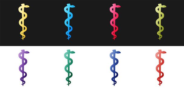 Set Vara de serpiente asclepio enrollado icono de silueta aislado sobre fondo blanco y negro. Emblema para farmacia o medicina, símbolo de serpiente de farmacia. Vector. - Vector, imagen