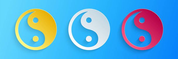 Папір вирізав символ Інь Янг гармонії та збалансованого ікону, ізольованого на синьому тлі. Паперовий стиль. Вектор. - Вектор, зображення