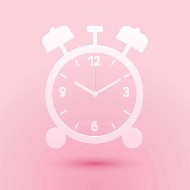 Паперовий виріз Піктограма будильника ізольована на рожевому фоні. Прокинься, встань концепцію. Знак часу. Стиль паперового мистецтва. Векторні
. - Вектор, зображення