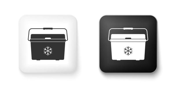 Schwarz-weißes Kühltaschen-Symbol isoliert auf weißem Hintergrund. Tragbare Gefriertasche. Handheld-Kühlschrank. Quadratische Taste. Vektor. - Vektor, Bild