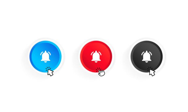 Bell notification button and cursor icon set. Button subscribe to channel. Blog. Stream. Ui design. Social media network. Vector on isolated white background. EPS 10. - Vector, Image