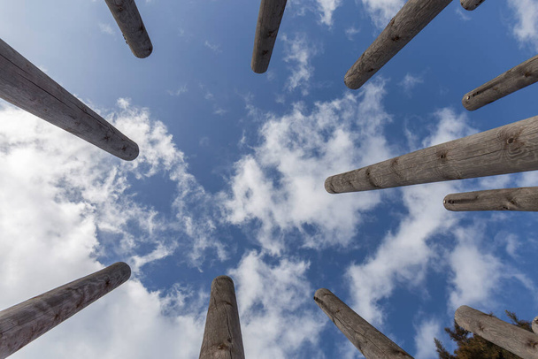 tronchi di legno raggruppati in un cerchio visto dal basso, sullo sfondo si possono vedere il cielo blu e le nuvole bianche - Foto, immagini