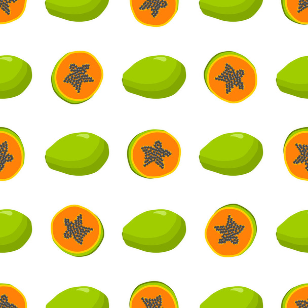 Ilustración sobre tema papaya inconsútil de color grande, patrón de fruta brillante para el sello. Patrón de fruta que consiste en hermosa papaya sin costura repetición. Fruta de patrón colorido simple de papaya sin costura. - Vector, Imagen