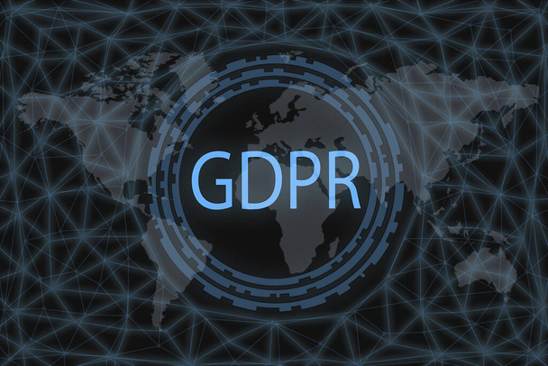General Data Protection Regulation GDPR inscription on a dark background and a world map. - Fotoğraf, Görsel