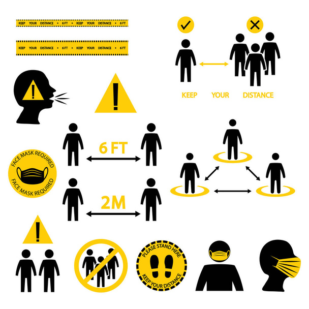 Social distancing line icon set. Included icons as self quarantine, mask required, protection, avoid crowded, stand here, keep your distance and more. Keeping a distance between people. Vector - Vector, Image