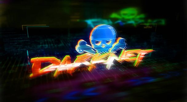 Darknet futuristische cyberpunk stijl illustratie. Modern abstract 3d hologram intro met glitch effect. Cybercriminaliteit, darkweb, piraterij, illegaal netwerk, hacken, diefstal en beveiliging inbreuk concept. - Foto, afbeelding