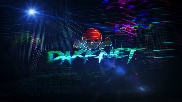 Darknet futuristische cyberpunk stijl illustratie. Modern abstract 3d hologram intro met glitch effect. Cybercriminaliteit, darkweb, piraterij, illegaal netwerk, hacken, diefstal en beveiliging inbreuk concept. - Foto, afbeelding