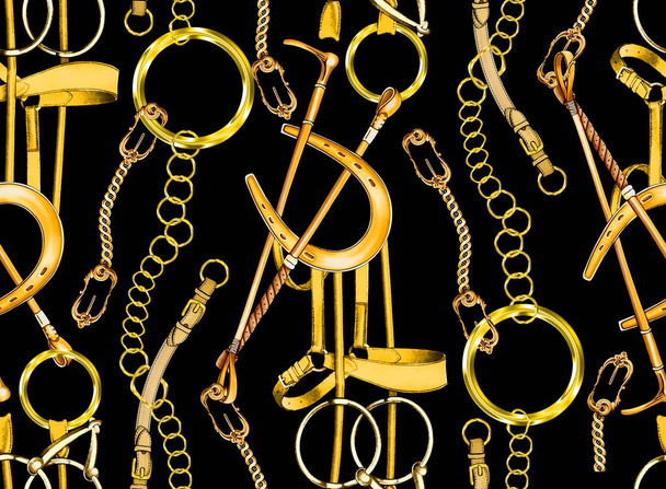 Seamless pattern, background In baroque, In gold and black vector illustration. - 写真・画像
