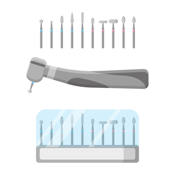 Vector cartoon illustration of dental drill with burs set isolated on white background. Dental concept. - Vector, Image