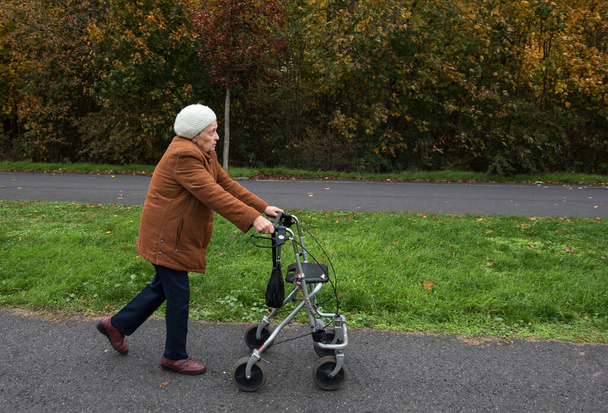 Elderly woman taking a walk in autumn with walker aid to enjoy fresh air - Fotografie, Obrázek