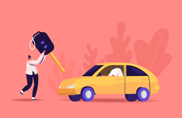 Ajokorttikonsepti. Pikkuruinen nainen kantaa valtavaa avainta, mies autossa. Merkit Opiskelu koulussa Learning Drive Car - Vektori, kuva