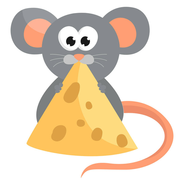 Little mouse eating cheese ,illustration,vector on white background - Vector, Image