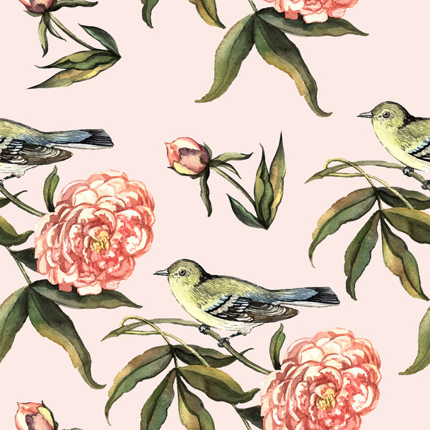 Watercolor pattern with birds and peonies - Foto, Imagen