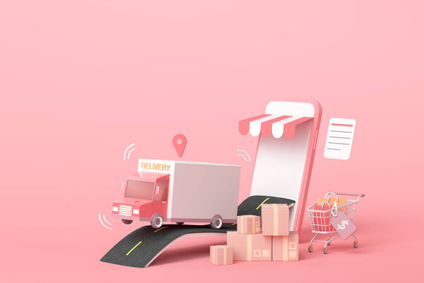 3D concept de service de livraison express en ligne, livraison rapide par scooter, courrier pick-up, livraison, services d'expédition en ligne. Illustration 3d - Photo, image
