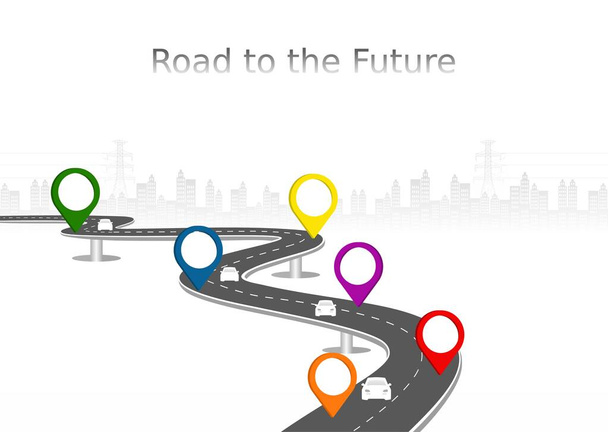 Roadway journey to the future. Asphalt street isolated on city background. Symbols Way to the goal of the end point. Path mean successful business planning Suitable for advertising and presentstation - Vector, afbeelding