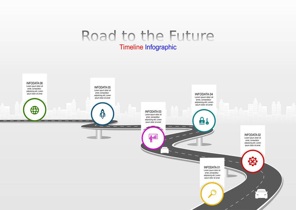 Road journey. Vector illustration. Asphalt street  isolated on white background. Symbols, steps for successful business planning. GPS location timeline infographic template with pin pointer icon. - Vektor, Bild