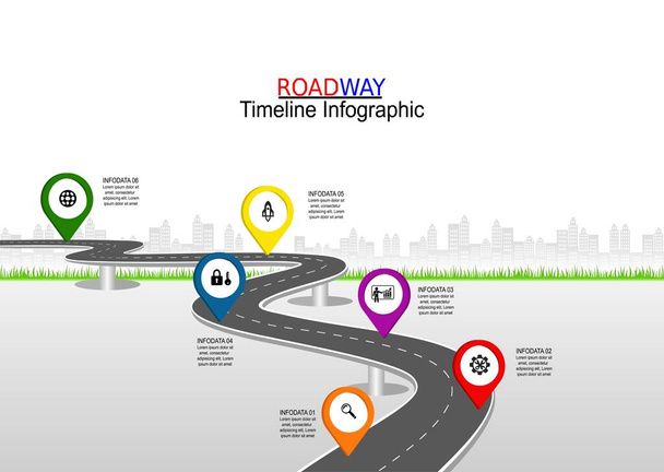 Road journey. Vector illustration. Asphalt street  isolated on white background. Symbols, steps for successful business planning. GPS location timeline infographic template with pin pointer icon.  - Vector, Image