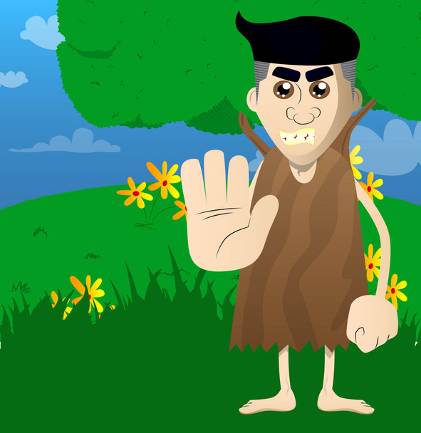 Cartoon caveman showing deny or refuse hand gesture. Vector illustration of a man from the stone age. - Vector, Image