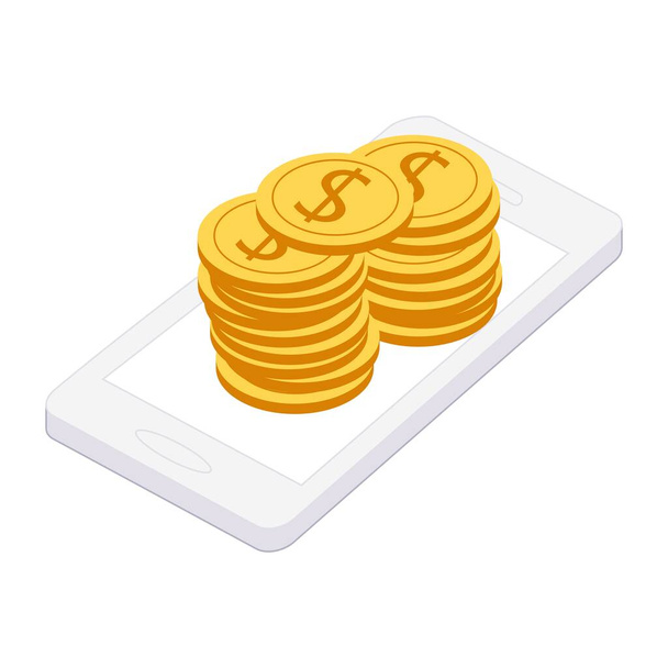 Concept smartphone and money coins. Business e- commerce. Isometric style. White background. - Vector, Image