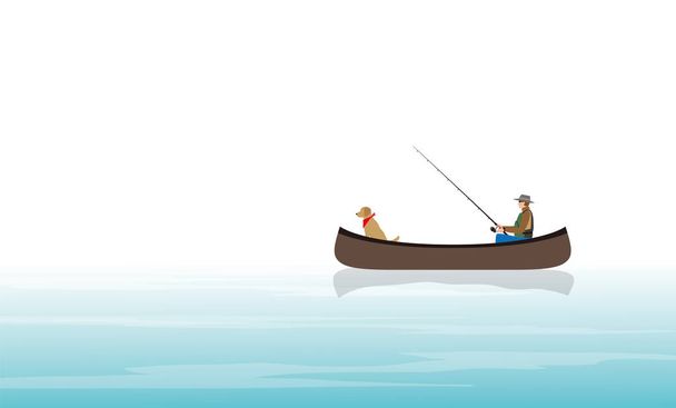 Pêche en canot pour hommes et chiens. - Vecteur, image