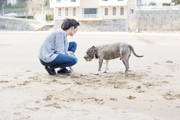 Nuori nainen kouluttaa koiraa rannalla
. - Valokuva, kuva