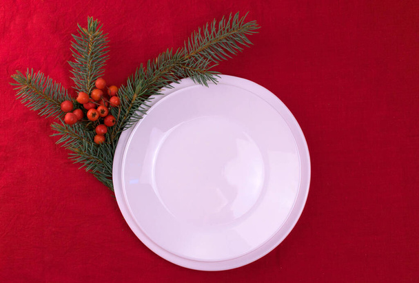 Plate Empty Christmas Decor Red Background Flat Lay New Year Menu Concept - Photo, Image