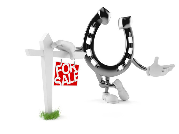Horseshoe character with real estate sign isolated on white background. 3d illustration - Photo, Image
