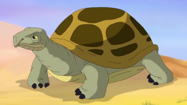 Bruine schildpad in de zandwoestijn. Handgemaakte 2D animatie. - Video