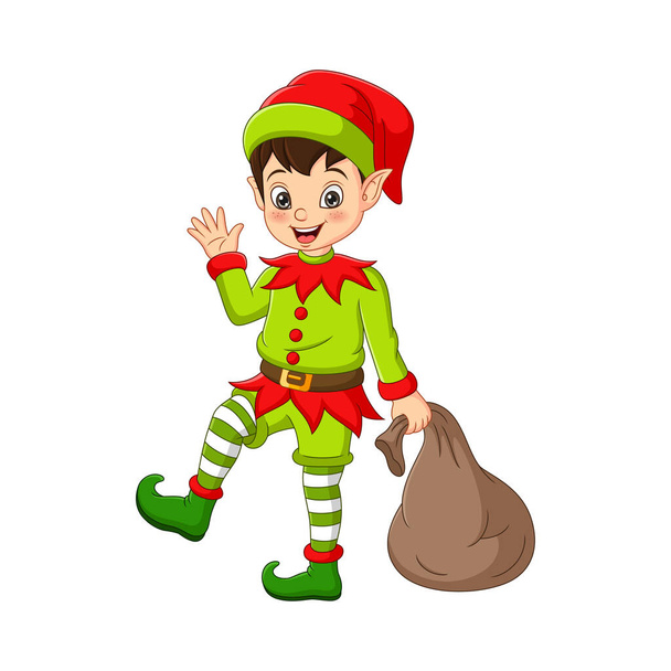 Ilustración vectorial de dibujos animados feliz elfo de Navidad con bolsa - Vector, Imagen