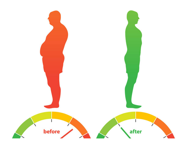 Fogyás. Különböző súlyú test. Egy profilozó férfi sziluettje. A táplálkozás hatása az emberi súlyra. Testtömeg-index.  - Vektor, kép