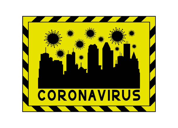 Sinal de coronavírus amarelo com uma silhueta da cidade e vírus em volta. - Vetor, Imagem