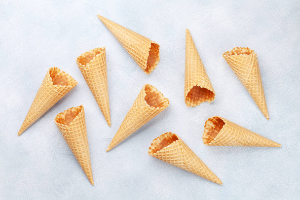 Ice cream in waffle cones. Top view flat lay - Photo, Image