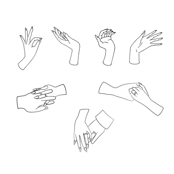 Елегантна рука намальована лінія мистецтва руки жести набір кліпартів. Пара тримає руки з обручками. Ізольовані на білому тлі. Сток Векторні ілюстрації
. - Вектор, зображення