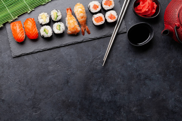 Japanese sushi set. Top view flat lay with copy space - Photo, Image
