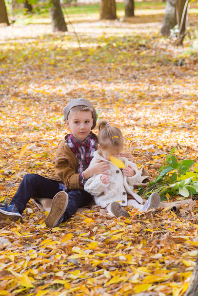 The elder brother and little sister are walking and laughing in the autumn park. Family and Children. Autumn mood - Foto, Imagem