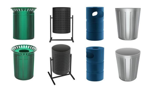 市内の通りや公園のゴミ箱。ゴミや廃棄物のための金属缶。3Dリアルなスタイルでベクトルセット。白い背景に隔離されたゴミ箱。公共歩道の都市デザイン - ベクター画像