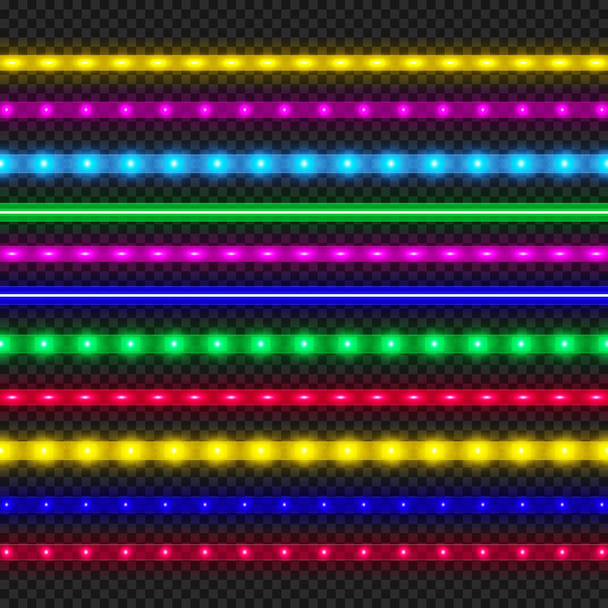LED strip collectie. Kleurrijke gloeiende verlichte tape decoratie. Realistische neonverlichting - Vector, afbeelding