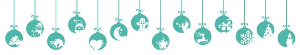 Sammlung hängender, blau gefärbter Christbaumkugeln mit verschiedenen abstrakten Ikonen für Weihnachts- und Winterzeitkonzepte - Vektor, Bild