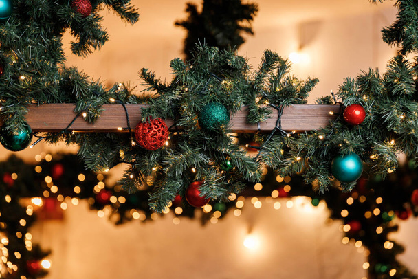 Christmas pine branch with balls - Fotoğraf, Görsel
