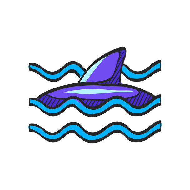 Ikona rekina na kolorowym rysunku. Morze zwierzę niebezpieczne spotkanie plaża - Wektor, obraz