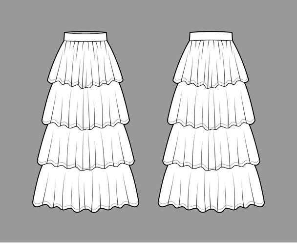 Sukně 4 vrstvé flounce maxi technické módní ilustrace se siluetou podlahových kotníků, kruhová plnost. Flat - Vektor, obrázek