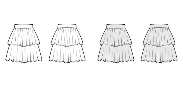 Sukně 2 vrstvené flounce technické módní ilustrace s kolenním obrysem, kruhová plnost. Rovné dno - Vektor, obrázek