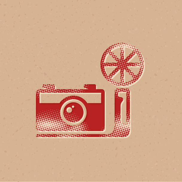 Vintage camera icon in halftone style. Grunge background vector illustration. - Vector, Image