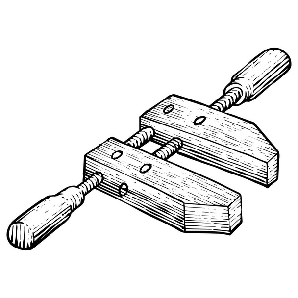 Drewniana ikona zacisku w stylu szkicowym. Ilustracja wektora narzędzia do obróbki drewna. - Wektor, obraz