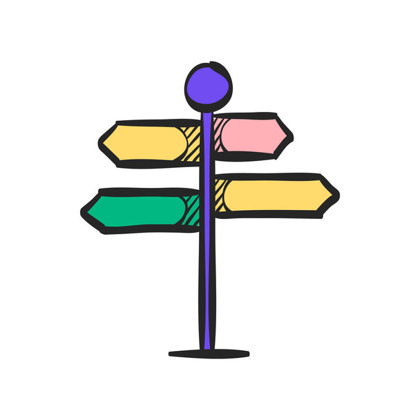 Road sign post icon in color drawing. Travel destination journey holiday - Vector, Image