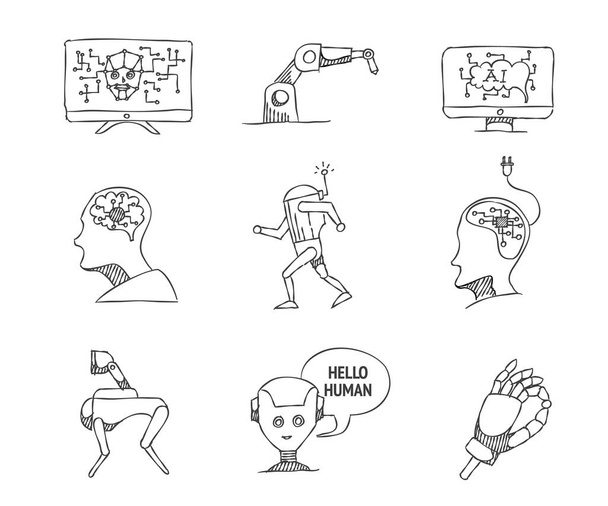 Iconos de concepto de inteligencia artificial en estilo de boceto. Vector dibujado a mano garabato de la tecnología industrial. - Vector, Imagen