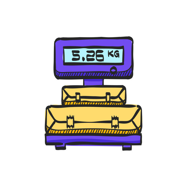 Icono de escala logística en el dibujo a color. Paquete peso almacén envío entrega distribución - Vector, imagen