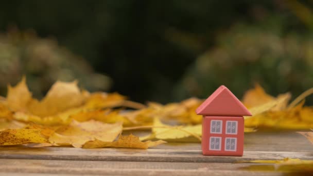Pequeña casa de juguete junto a las hojas de otoño en una mesa  - Imágenes, Vídeo