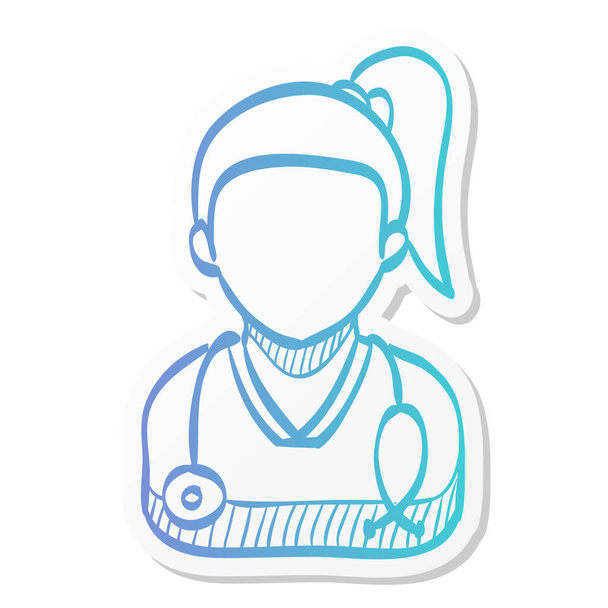 Donna icona del medico in stile adesivo colore. Stetoscopio sanitario medico - Vettoriali, immagini