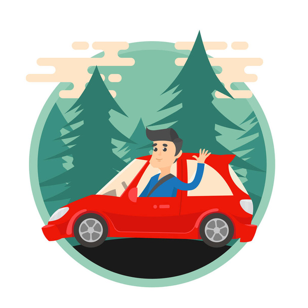 Man waving his hand while driving a car. Transportation red vehicle on countryside. Flat color style. Vector illustration. - Vector, Image
